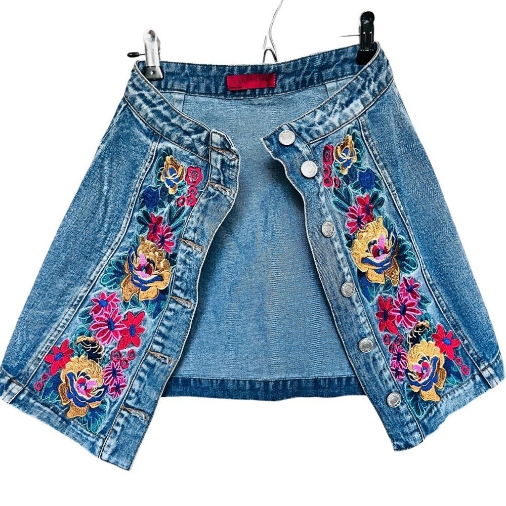 Boho Hipster Y2K Floral Denim Mini Skirt by Signature 8 Embroidered Blue SZ S - Picture 5 of 10